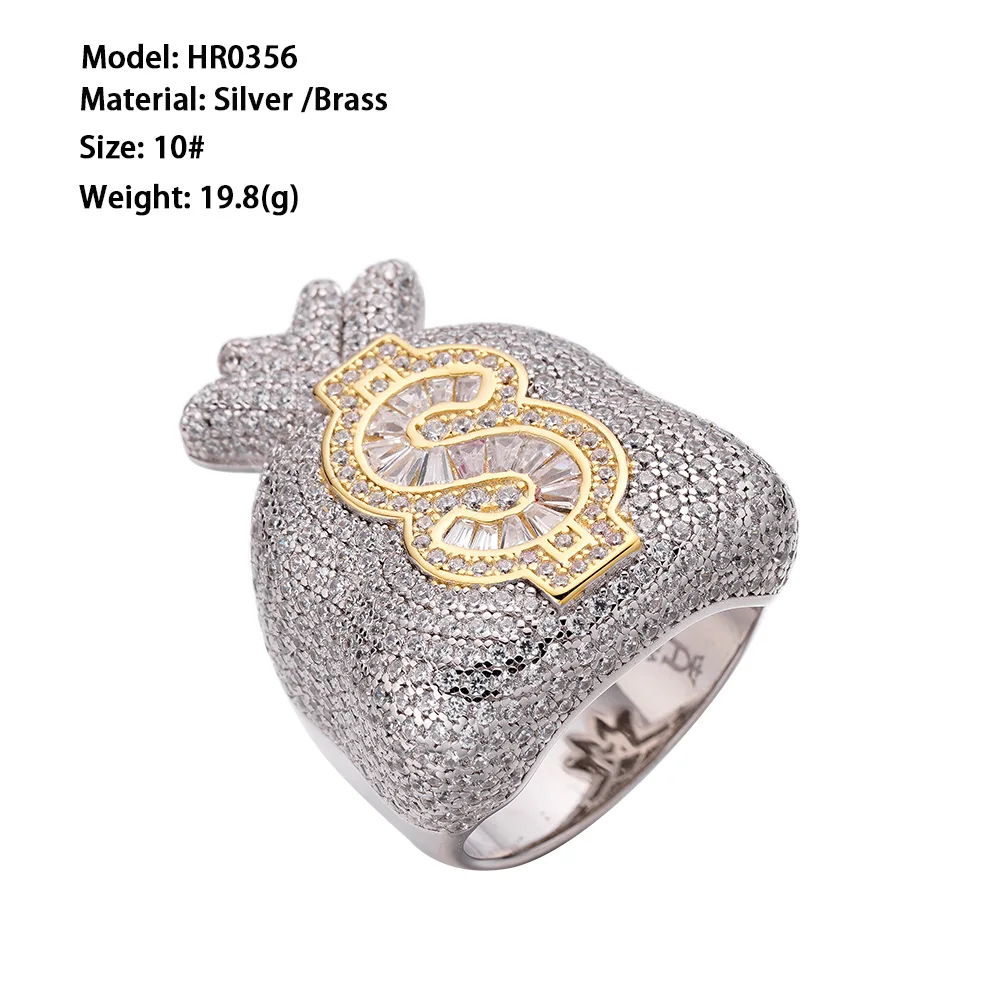 Hip Hop Iced Out Cz Moissanite Diamond Baguette Money Bag Dollar Symbol Sign 14K Gold Plated Rapper Fashion Jewelry Rings