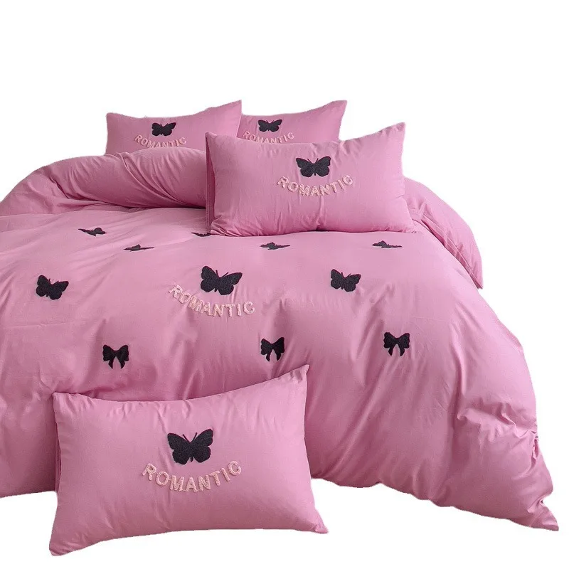 2023 New Towel Embroidery Embroidered Bed Four-Piece Set Romantic Butterfly Nantong Sanded Sheets Quilt Cover Quilt Cover