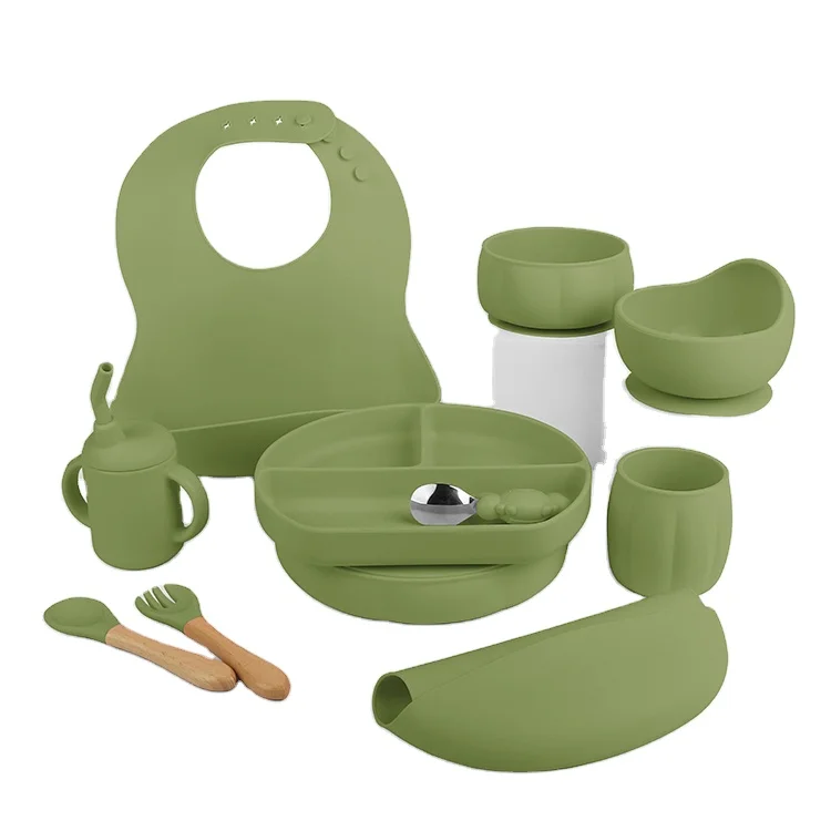 Baby Food Grade Silicone 9 Piece Big Baby Feeding Set Baby Dinner Plate Silicone Bowl Straw Cup Saliva Pocket