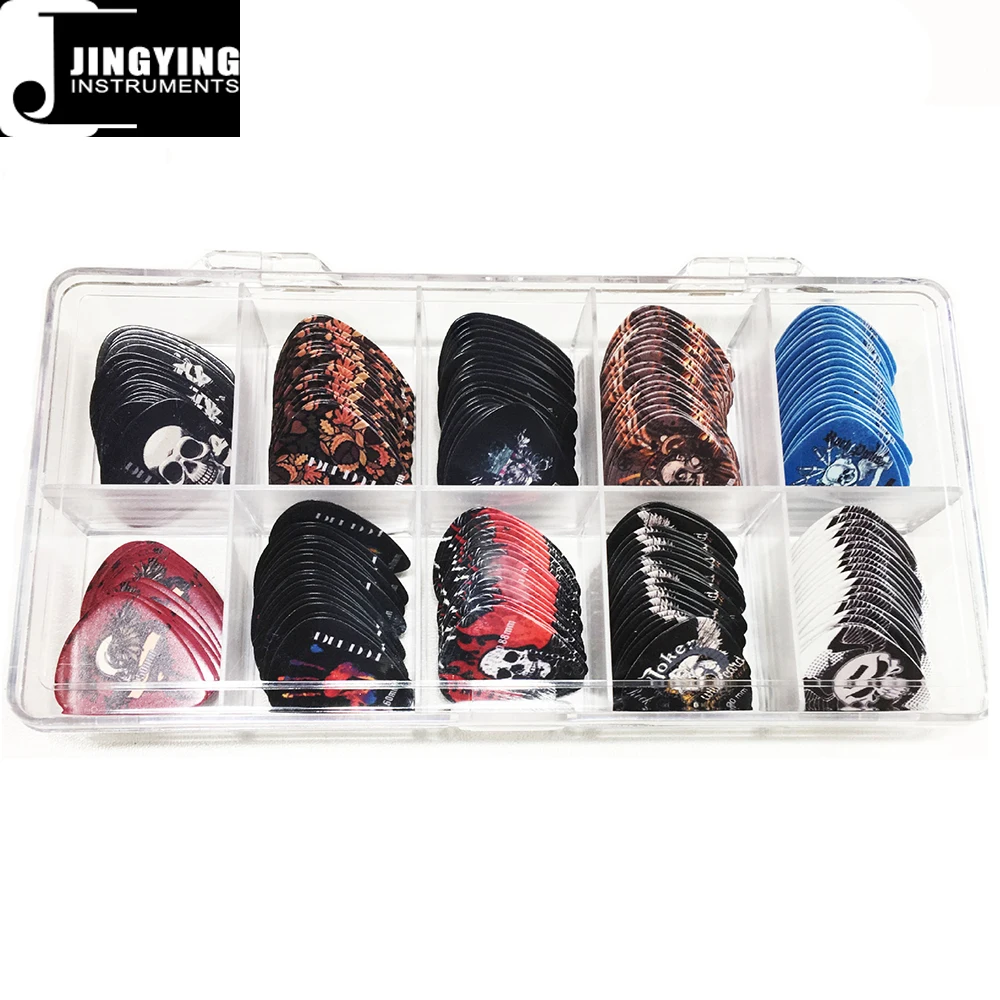 2024 Jingying Music Guitar Part Accessory,Wholesale 5 Thicknesses 10 Pattern 200PCS Celluloid Color Printed Guitar Pick with Box