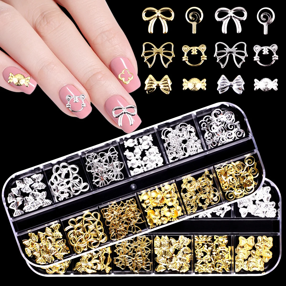 New arrival 12 grid nail Art decoration box with mixed metal gold and silver rivets for nail decoration sticker