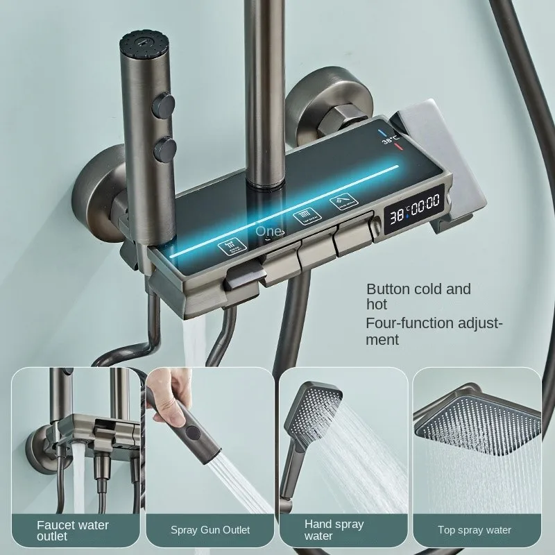 Luxury Mood Light Digital Display Shower Set Four Levels Piano Keys Waterfall Shower System Bathroom Wall Mounted Shower Set