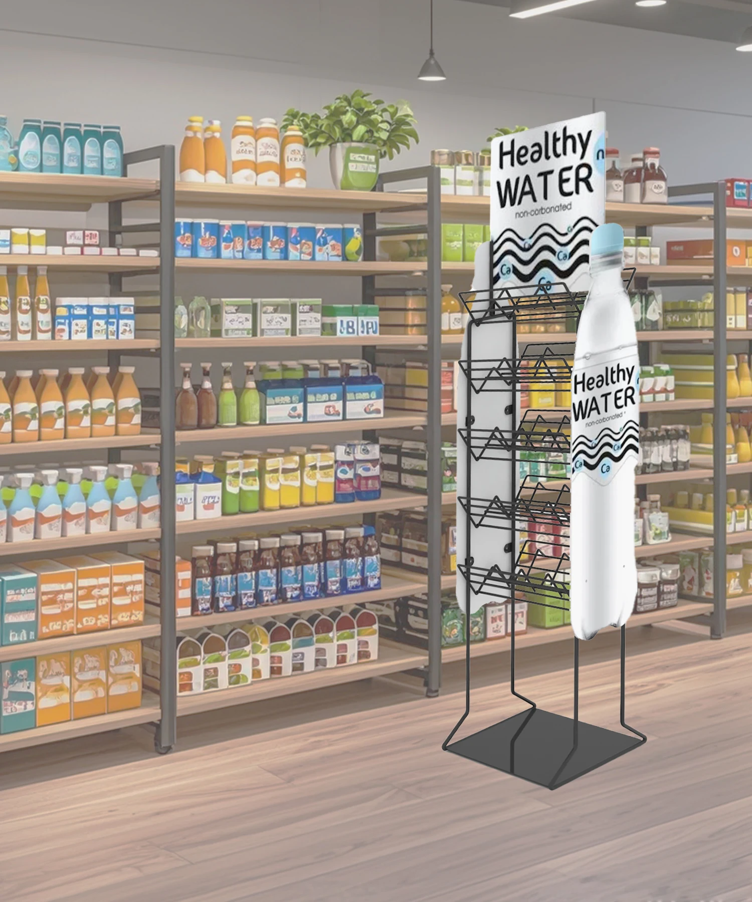 Custom bottled or pure water display stand & metal floor-standing water display rack in shopping malls and supermarkets.