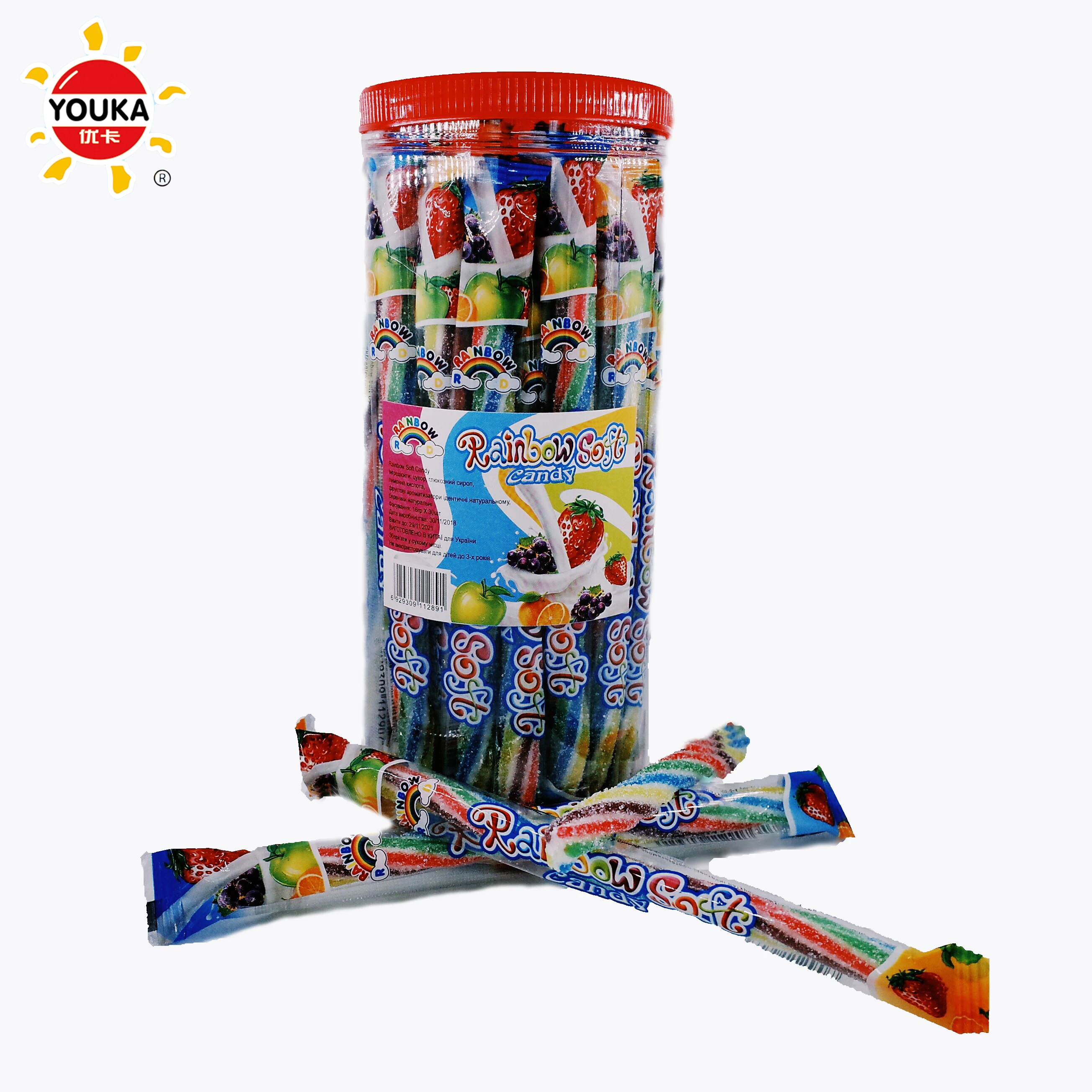 
16g Twisted Rainbow Soft Gummy Candy Jam or Powder Filling Liquorice Stick 