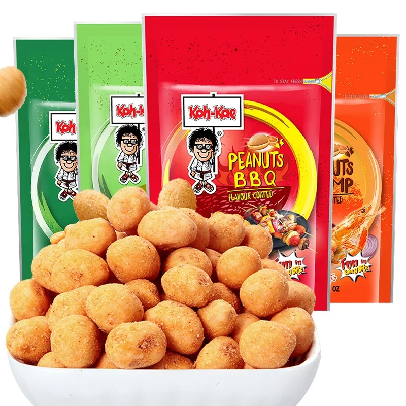 Koh-Kae 90g Delicious Roasted Peanuts BBQ Flavoured Shrimp Flavoured Beans Crunchy Hard Coated Peanut Snack in a Bag Packaging