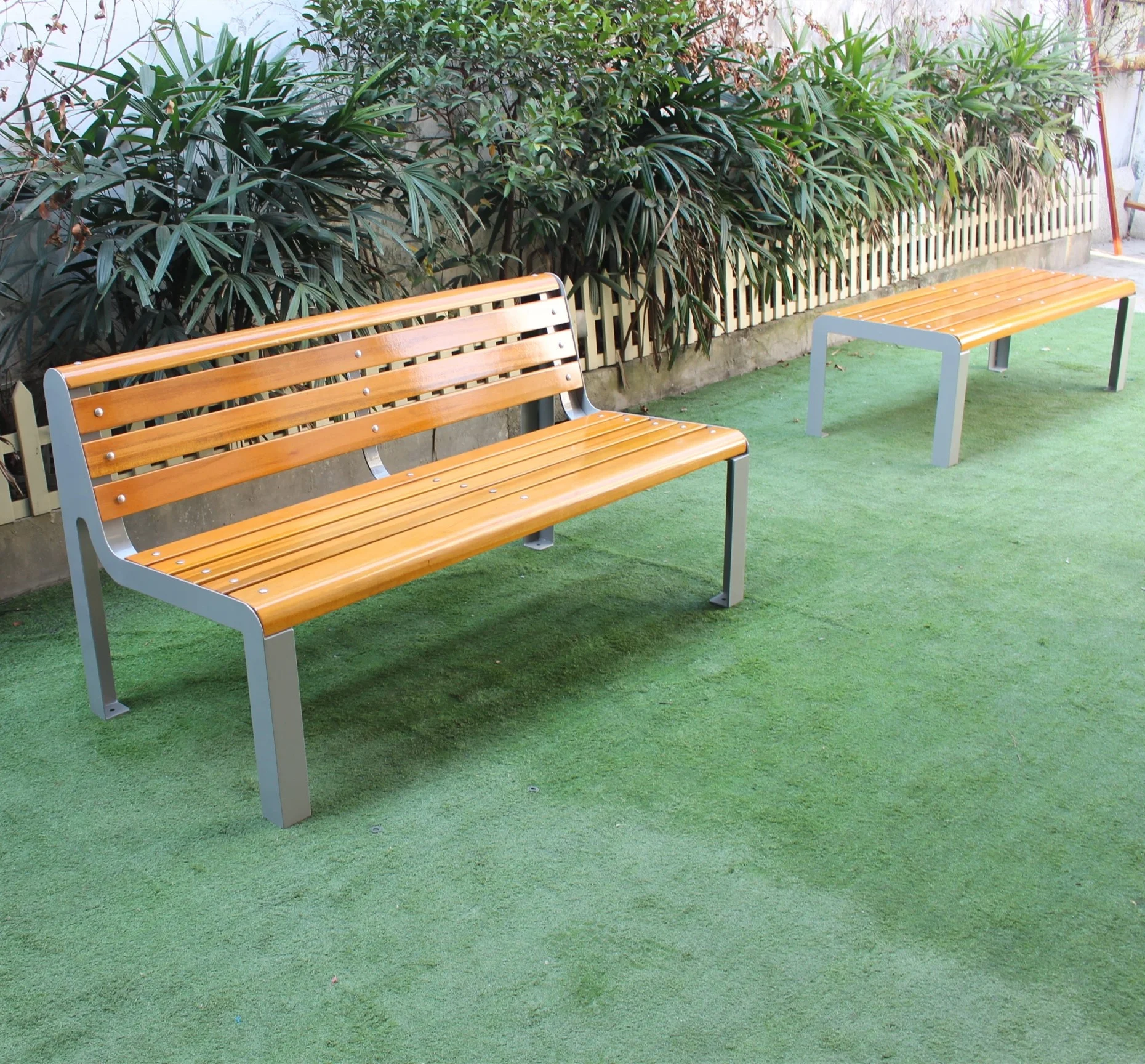 Metal frame and solid timber wood outside garden and park seat natural hard wood outdoor picnic bench