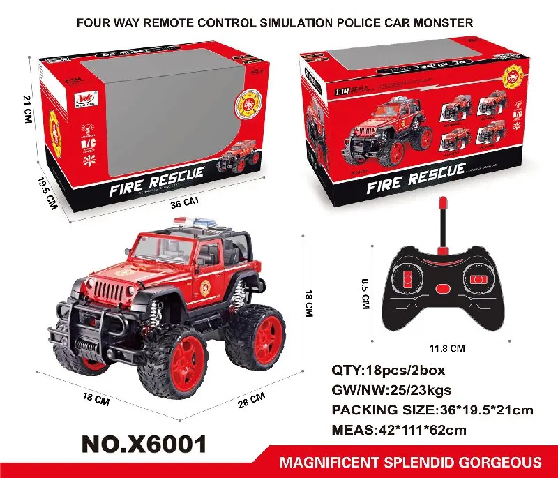 Cross Country Fire Truck Red Model Remote Control 1:16 Scale Outdoor Tire Toy Car Plastic Material Boys 6 Years Charger Pack