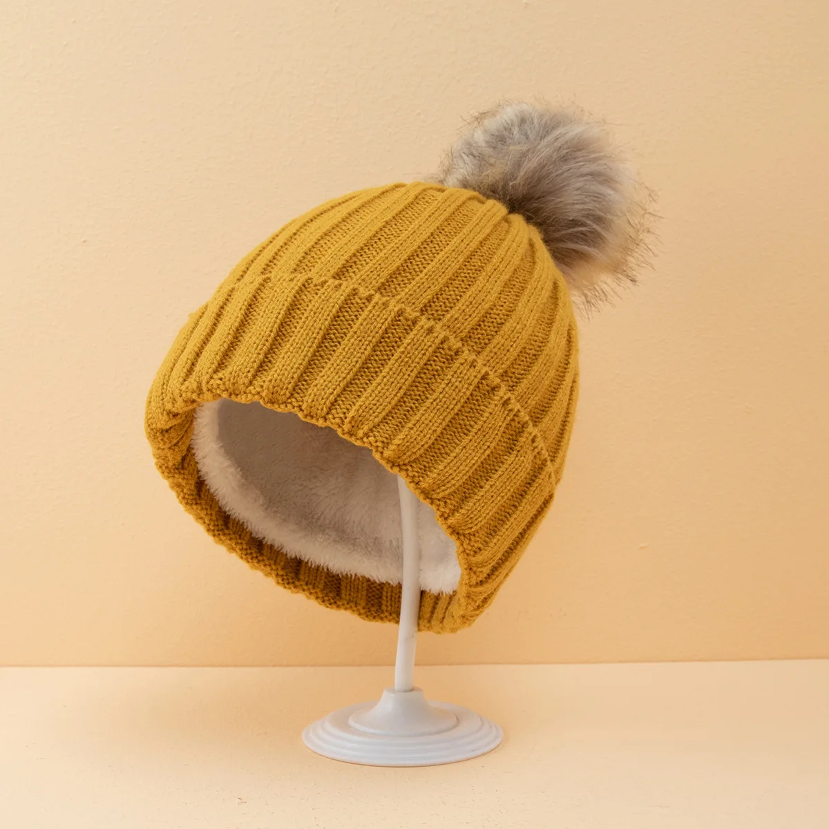 HZM-60970 Womens Winter Knitted Beanie Hat with Faux Fur Pom Beanie Warm Knit Skull Cap Beanie for Women