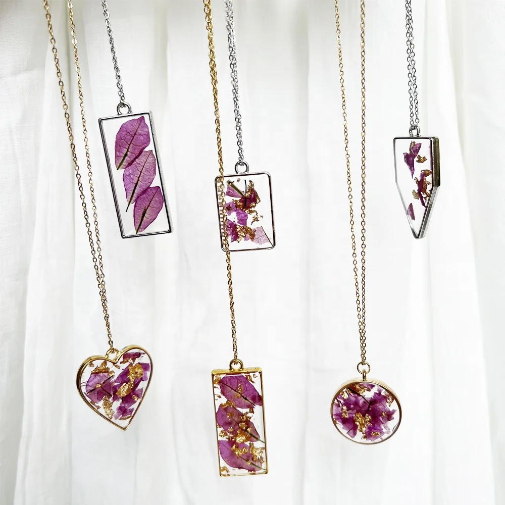 Gold flake in epoxy resin frames Natural flower pendant preserved real pressed bougainvillea petal necklace