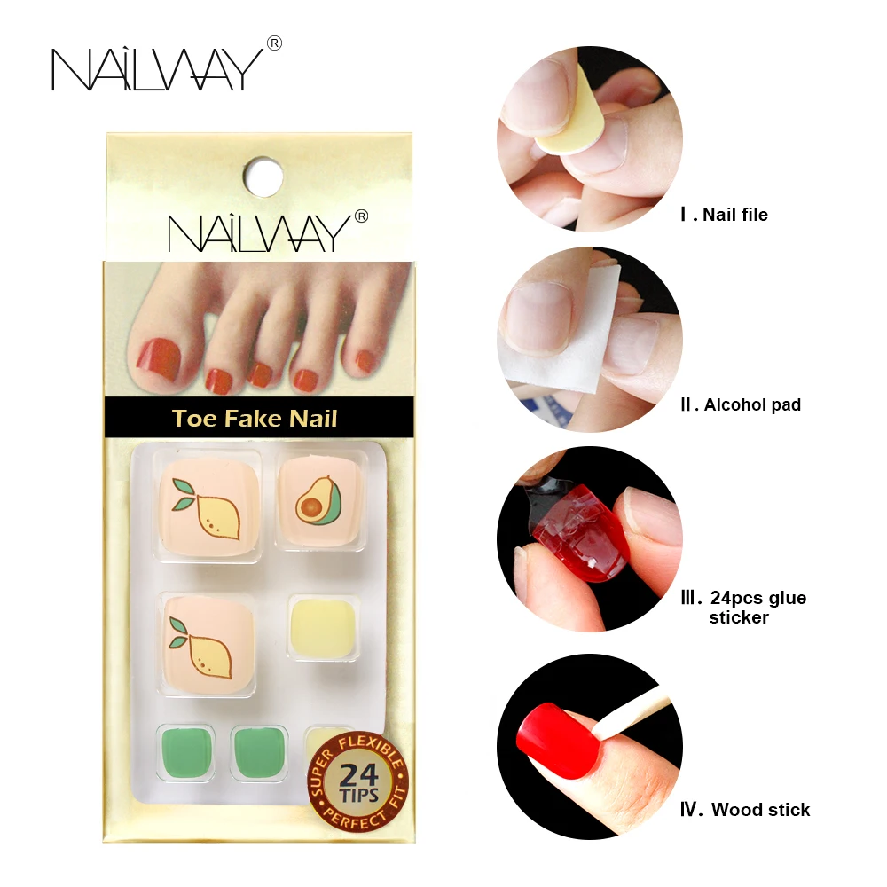 2021 New Factory Fruit Printing Stick on Nails Colorful Toe Matte False Press on Toe Nails