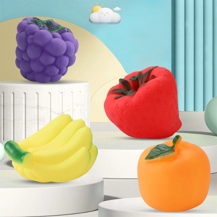 Selected BPA Free PVC Toddlers Cognition Supplies Soft Squeeze Squeaky Colorful Fruit Assortment Toy For Baby Learning & Playing