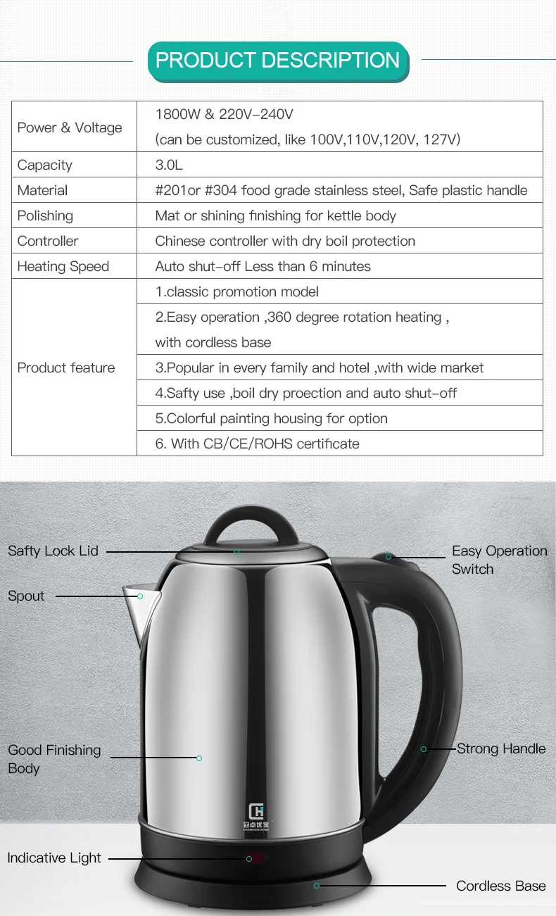 Factory Supply High Quality Big Capacity 3L Electric Quick Boil Kettle Stainless Steel Hot