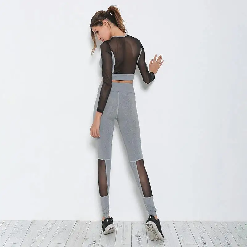 Women Sportswear Long Sleeve Shirt Mesh Crop Top Yoga Pants 2 Piece Sweatsuit Girl Gym Set