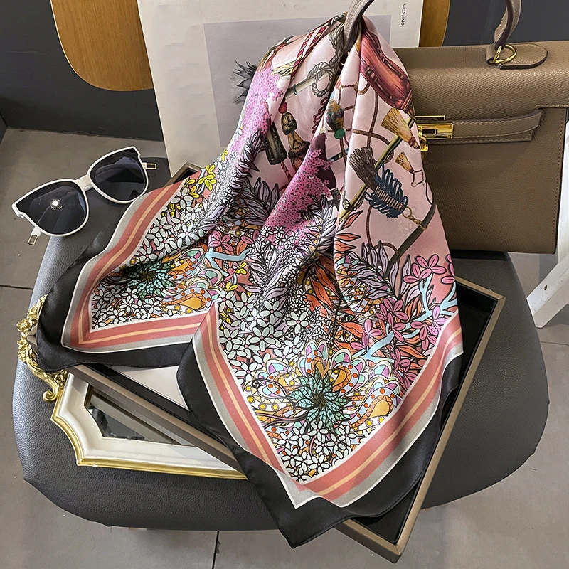 French elegant small floral silk scarf Oil painting floral print 70 mulberry silk small square scarf with decorative