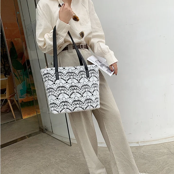 2022 OMOI Custom Plain Hand Made Canvas Lace Cotton Women Shoulder Bag Hand Bag Tote Bags With Custom Printed Logo For Women