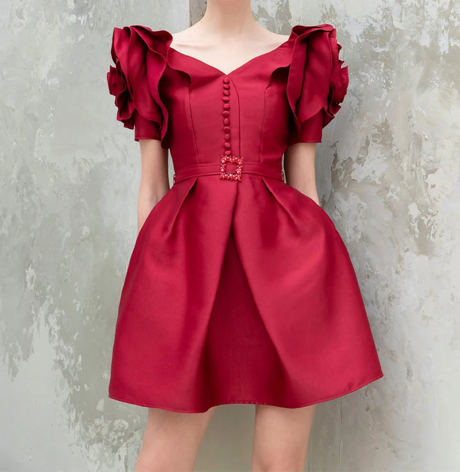 Women Short Sleeve V-neck Red Chiffon Short Sashes Nylon Or Cotton A-