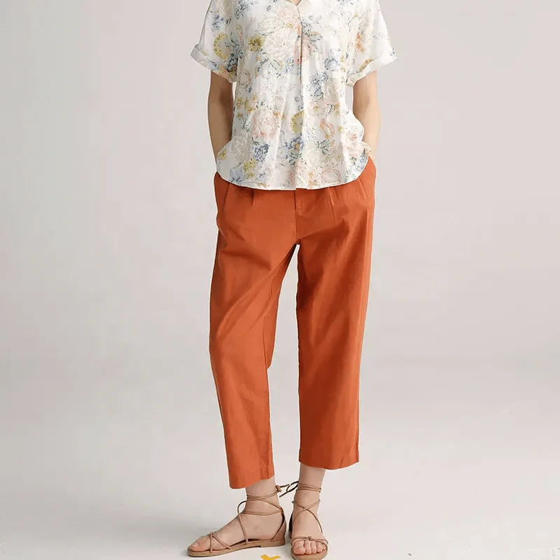 Women Plus Size Pants Ankle Length Solid Color Comfortable Cotton Linen Casual Pants Straight Leg Trousers Womens Trousers