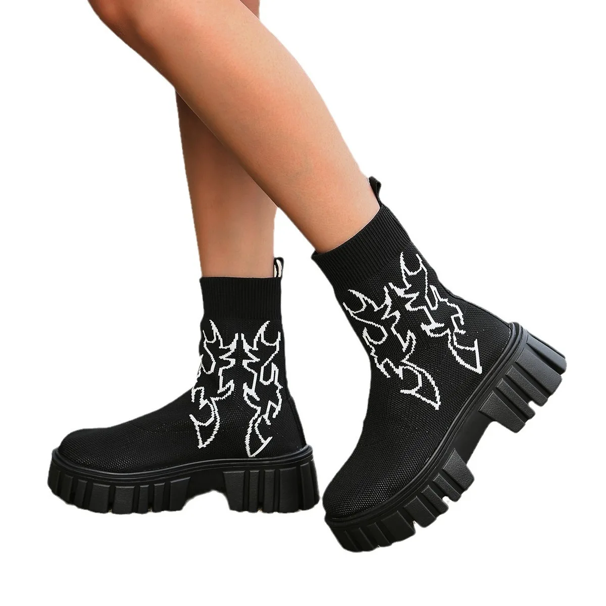 Stock Chunky Heel Botte Pour Femme Sock Trendy Elastic Knitted Short Winter Slip on Women's Ankle Boots Black Women Shoes PU