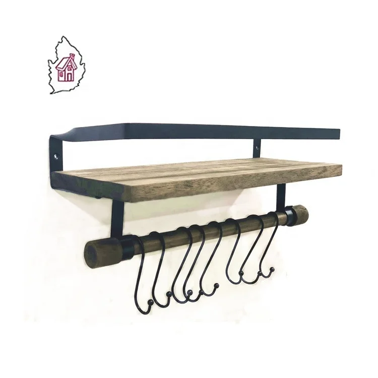 Industrial Style  Rustic Wood Wall Mounted entryway bathroom Shelf with hooks