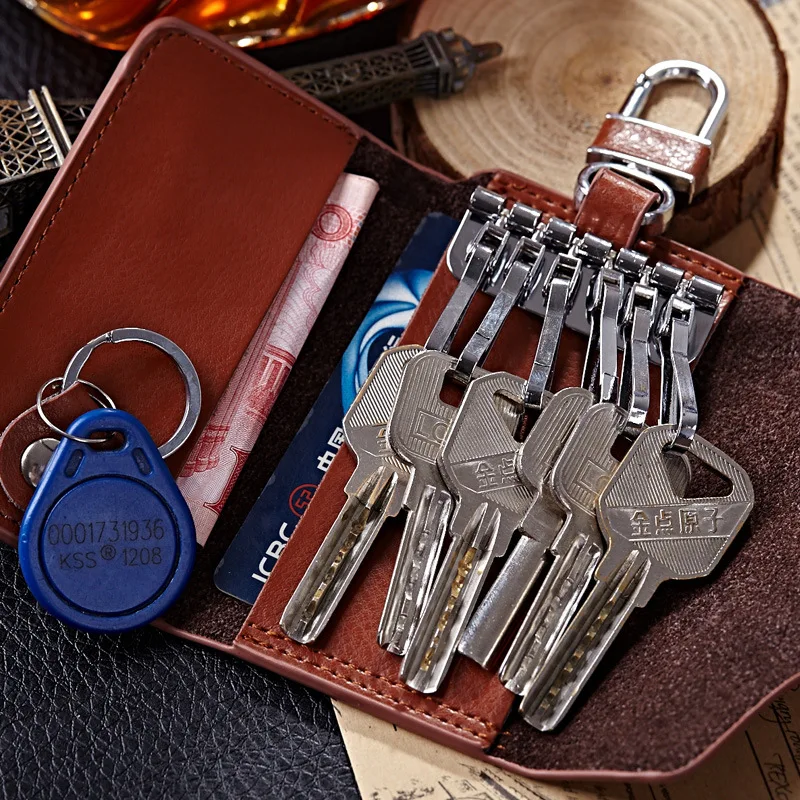 
atinfor Unique Design Buckle Button Vintage Leather Key Wallets Housekeeper Key Holders With Open Pocket Purse 6 Key Hooks 