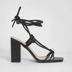 Black Wide Fit Strappy Knot Detail Block high Heels wide fit strappy Square toe sexy heels sandals