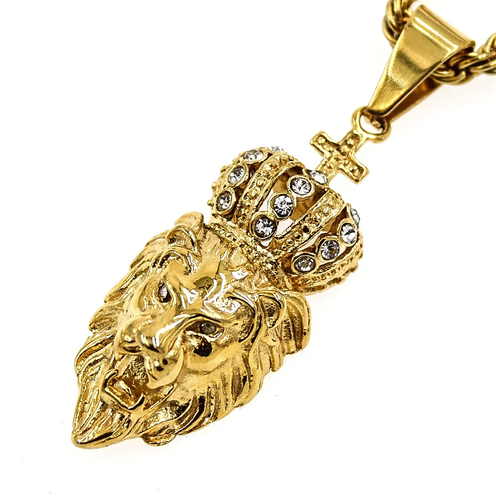 Hip hop Gold plated 316L stainless steel  lion pendant with diamond crown