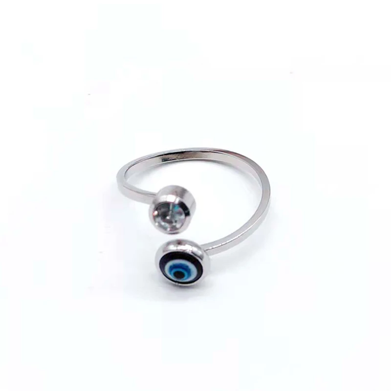 Stainless Steel Evil Eye Ring Silver Crystal Turkish Blue Eyes Adjustable Open Rings For Women Men