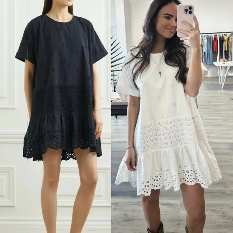 100% хлопковое платье 2024 летнее Стильное женское с вышивкой в стиле пэчворк без рукавов до середины икры повседневное свободное белое