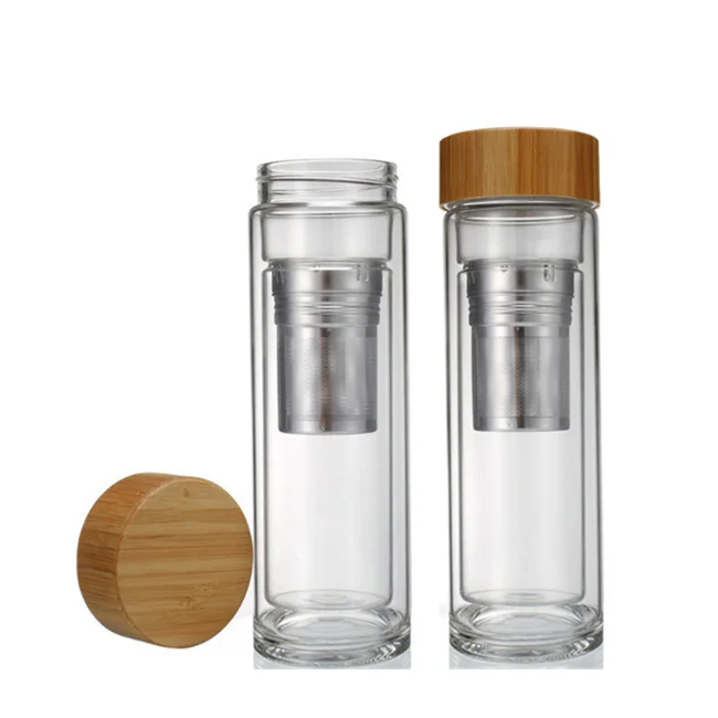 eco friendly double wall heat resistant bpa free glass water bottle with tea filter