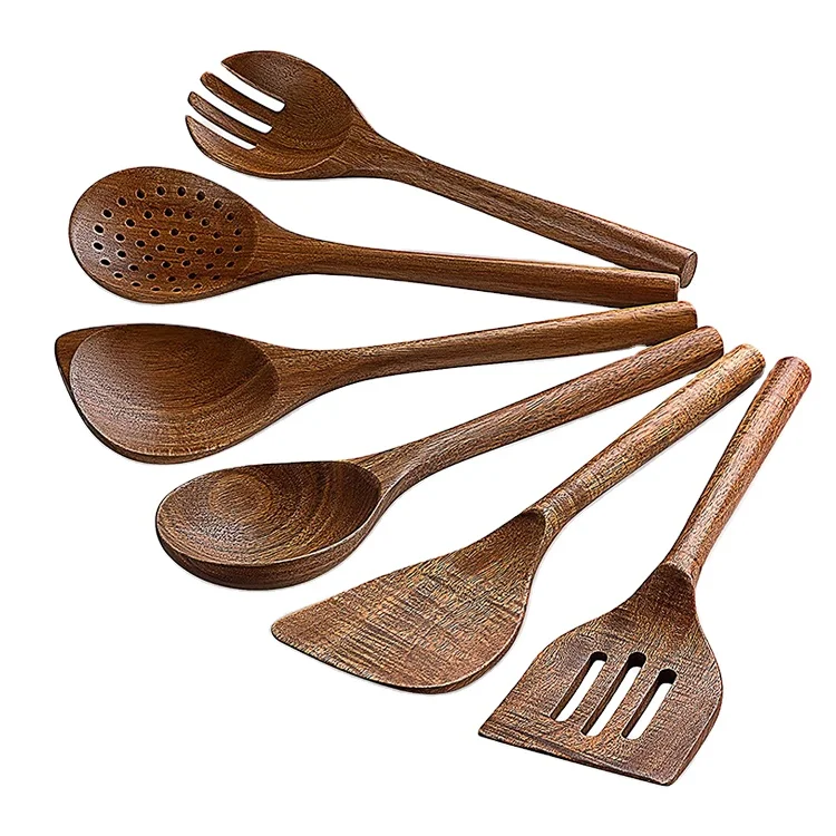 Hot Sale Wooden Spoons Utensils for Cooking Serving 6-Piece 12 Inch Round Handle Acacia Wood Non Stick Set