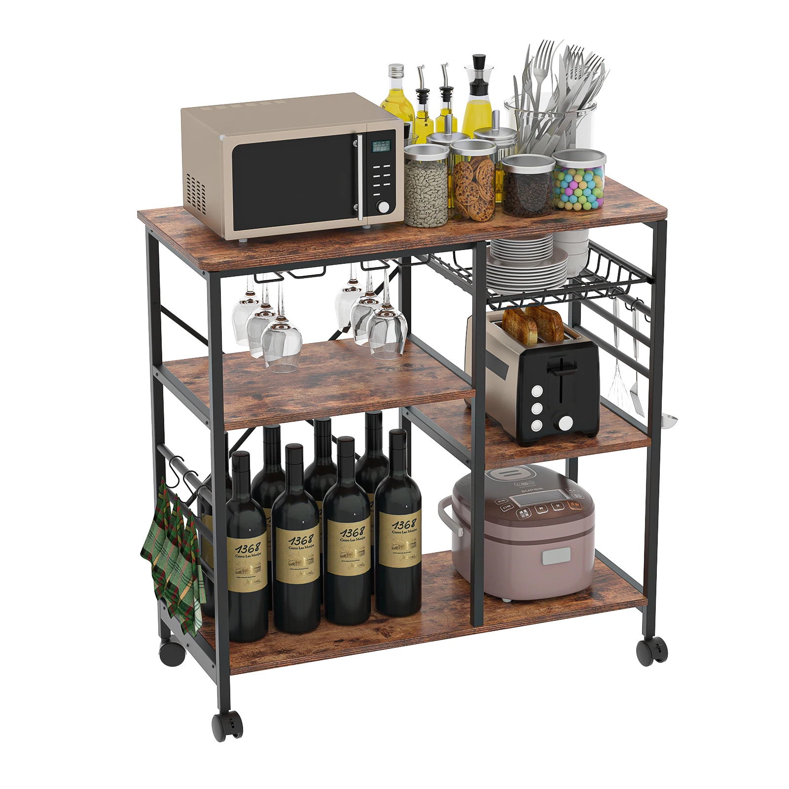 Kitchen Shelf Microwave Oven Rack Board with 6 Hooks and 4 Removable Stop Wheels Suitable for Kitchen/Home Office/Bathroom