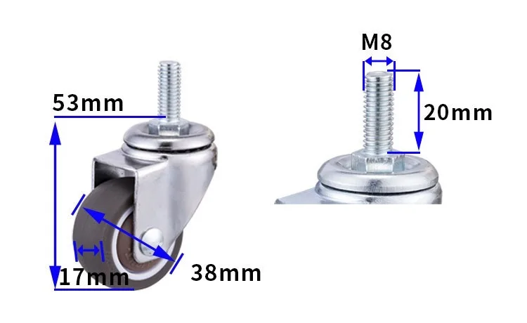 1.5 Inch 38MM M8 Threaded Stem Furniture Caster TPE Wheel Swivel Castor