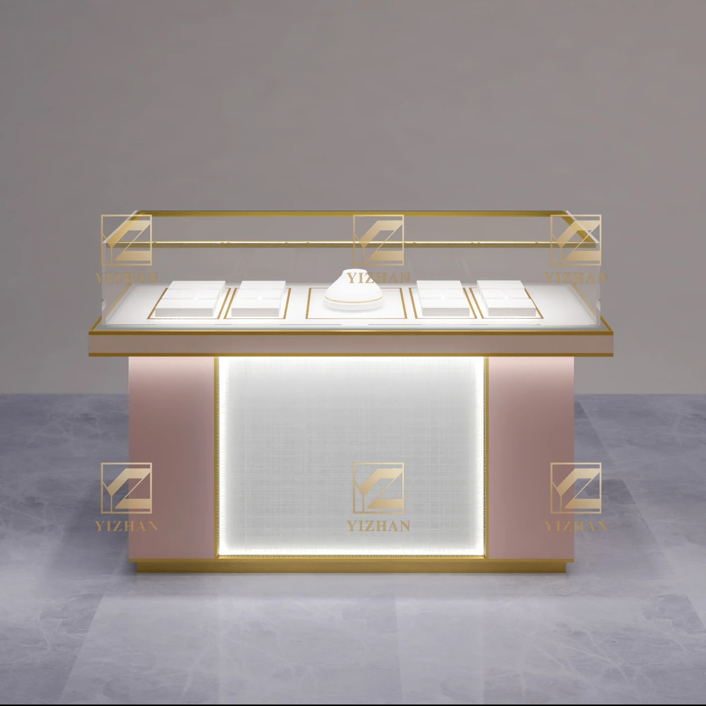 Luxury Stainless Steel Furniture LED Light Glass Jewelry Display Case for Store Counter Shop and Jewelry Showroom