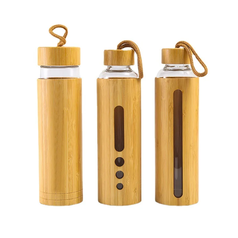 550ml  Laser Engraved Customized High Borosilicate Glass Sports Water Bottle with Portable Rope and Bamboo Exterior