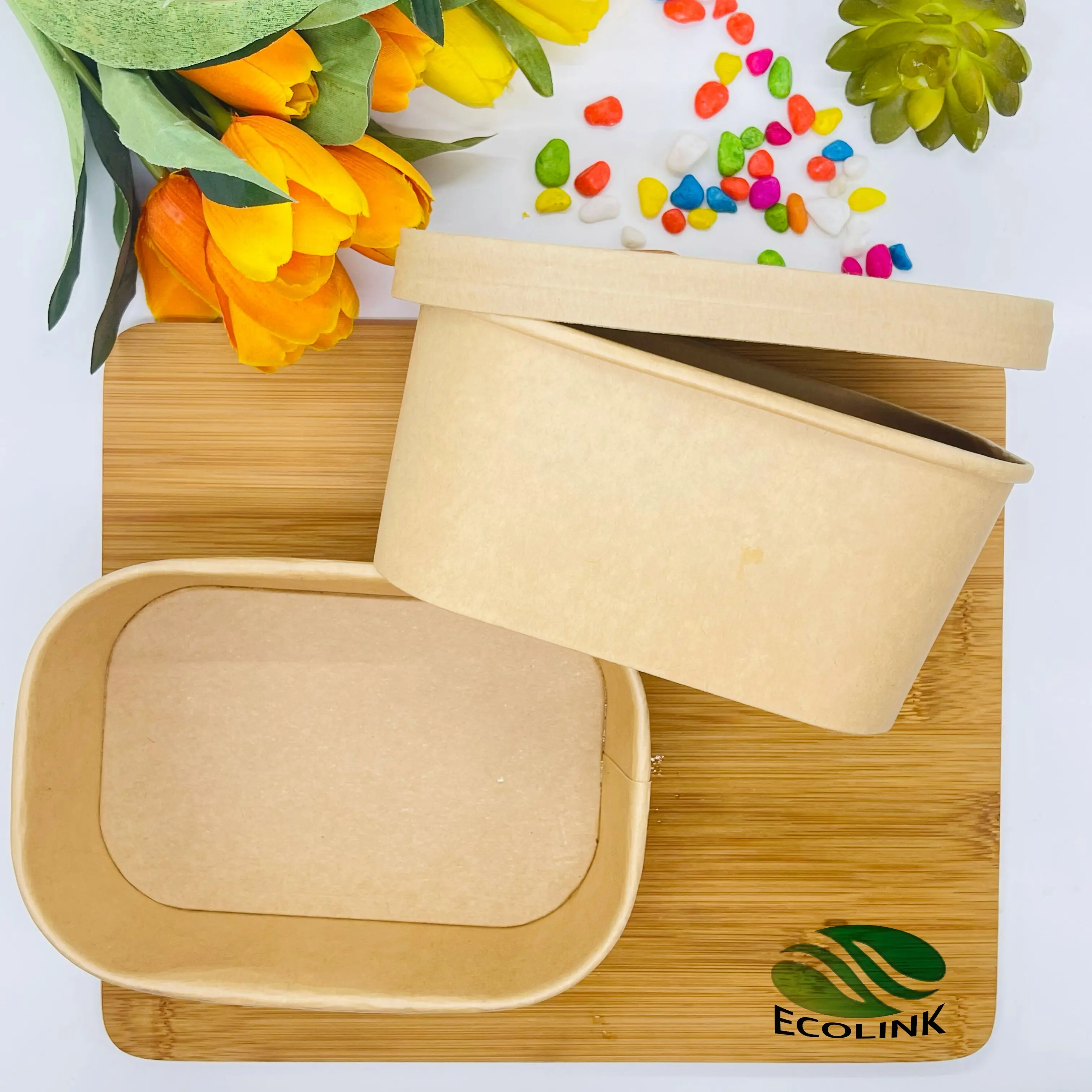 take away disposable container craft rectangular food box with paper/PP lid