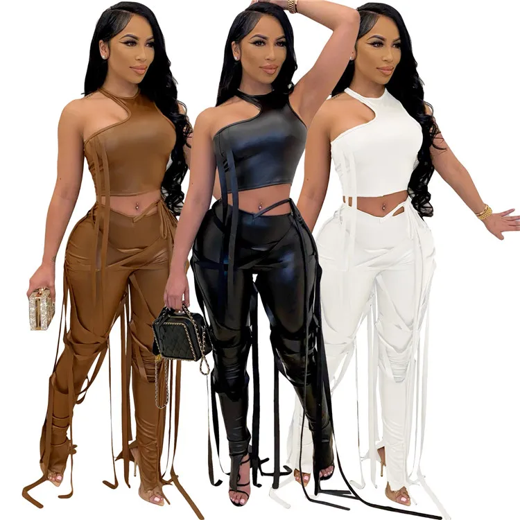  OR012022 2021 new arrivals with strings 2 piece leather pants set made in