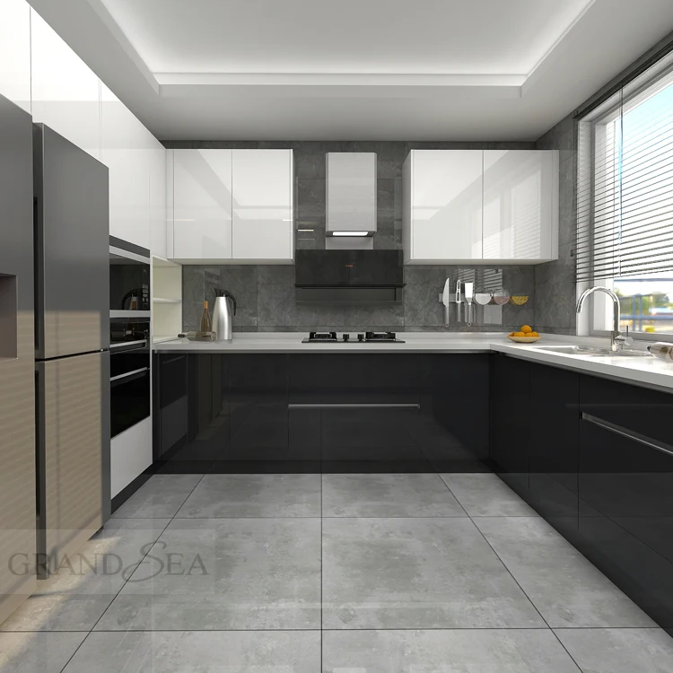 High gloss lacquer modern designs kitchen cabinets black and white solid wood kitchen cabinets ready to assemble