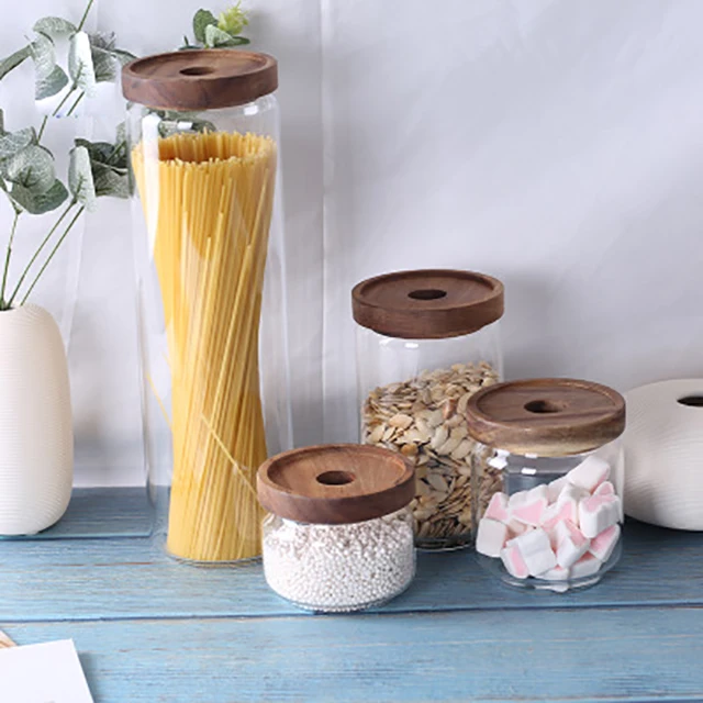 Stacked kitchen jar set clear glass jar household kitchen thickened airtight food storage jar and wooden bamboo clip cover