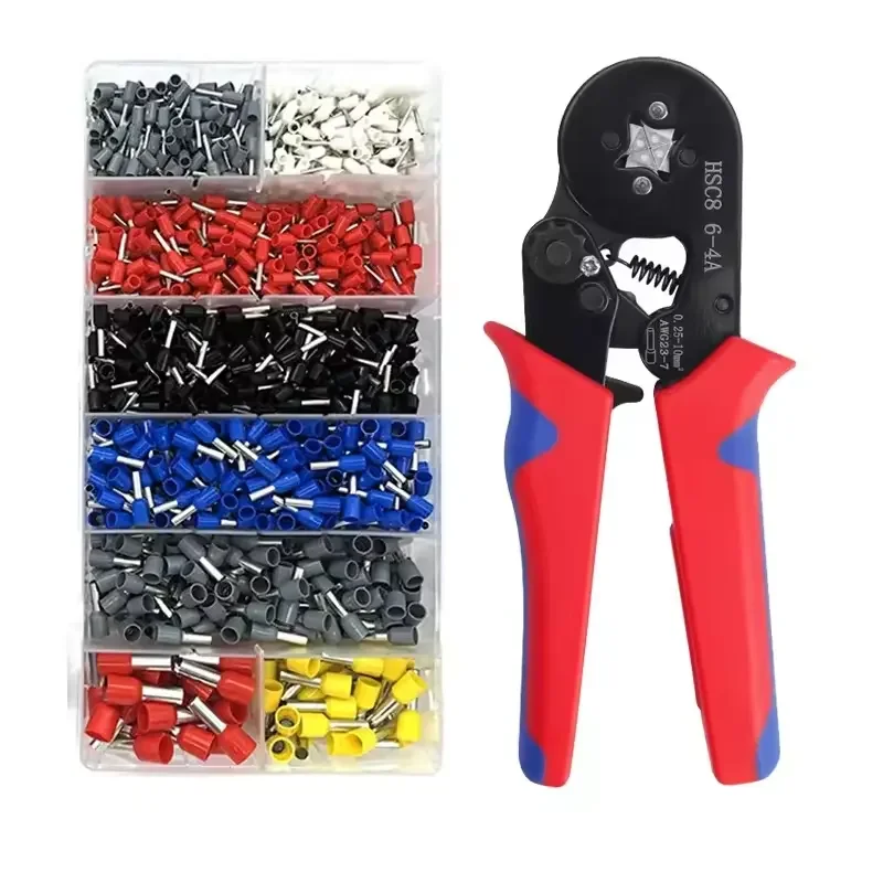European Tubular Terminal HSC8 6-4A Insulation Crimping Pliers Set Manual Tool with Red Blue Handle Black Head Made Steel