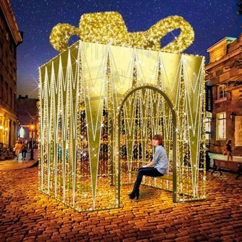 christmas art decoration luxury led 3d gift box sculpture iron metal frame for yard decoration