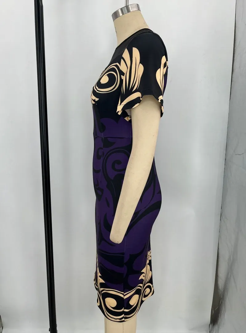 Y308030 Elegant Purple Print Party Dress for Women Sexy Mesh Short Sleeve Slim Office Lady Bodycon Dresses Summer OL Vestidos