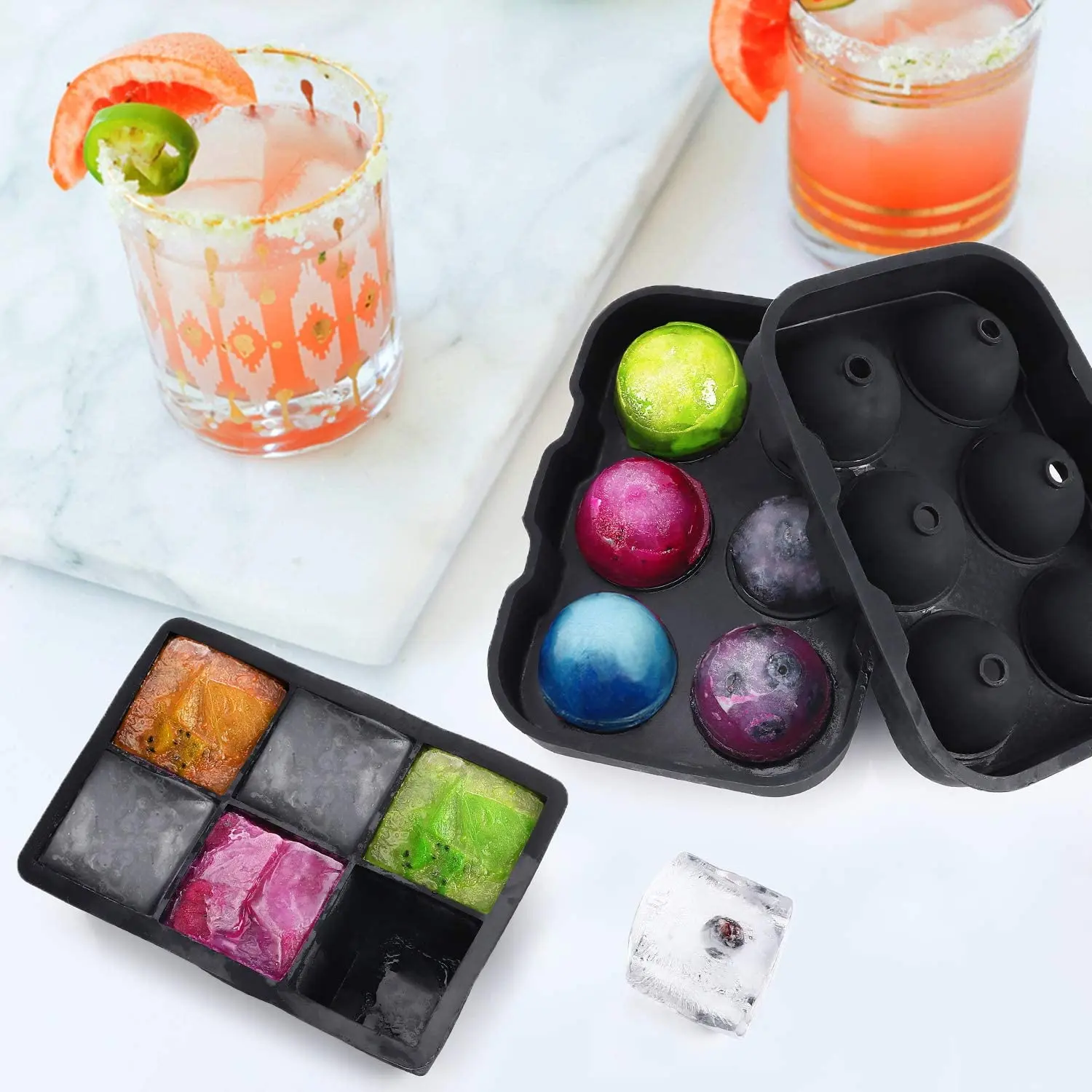 Silicone Sphere Ice Ball Maker with Lid and Large Square Ice Cube Molds Reusable for Chilling Whiskey Cocktails