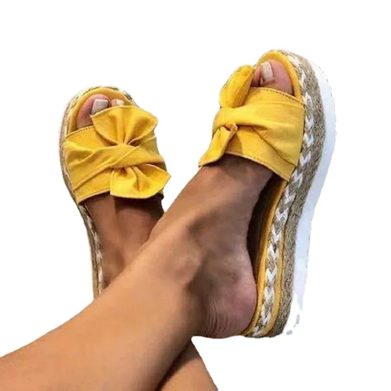 Factory price bow flower beach sandals chunk slope  hemp rope woven plus women slippers Suede Upper Heeled Sandals