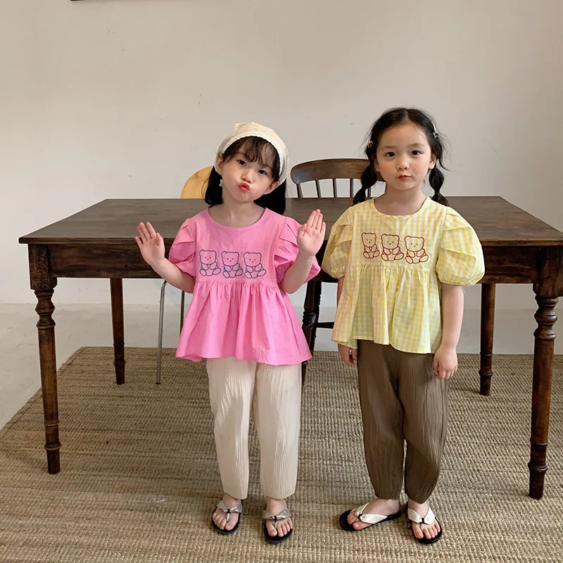 
Wholesale ready to ship kids shirt cartoon bear top baby cotton shirt for toddler girls LP026 