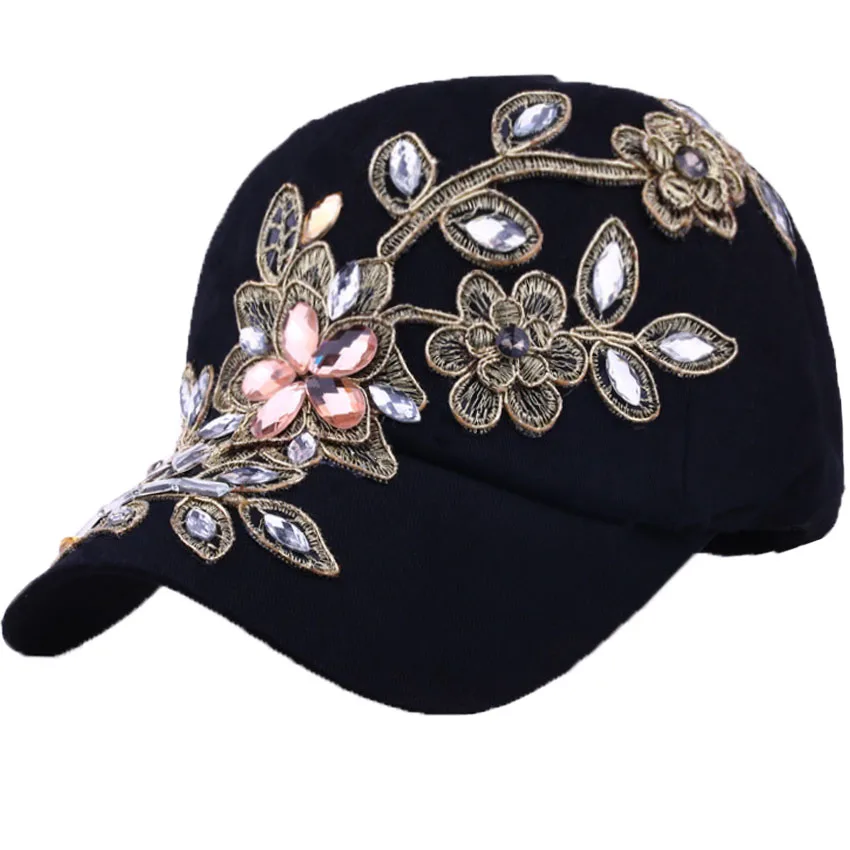 wholesale  women casual snapback hat for flower new fashion solid summer sun lady hats Baseball Cap with Rhinestone