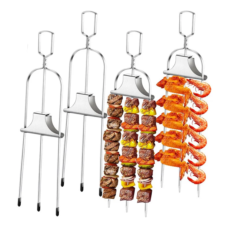 Stainless Steel BBQ Fork Grill Fork Semi-Automatic Stick Home Grill Skewer Kebab Barbecue Tools