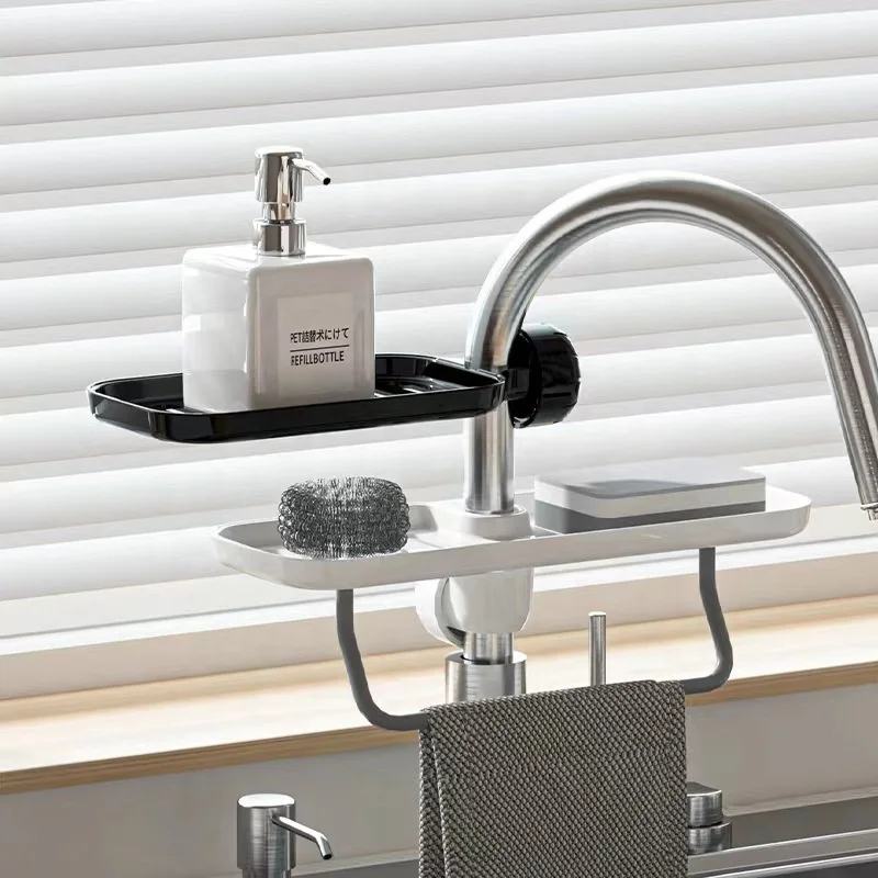 3-in-1 Kitchen Organizer Faucet Shelf Rotatable Sponge Holder with Towel Rack for Bathroom Kitchen Sink  organization sets