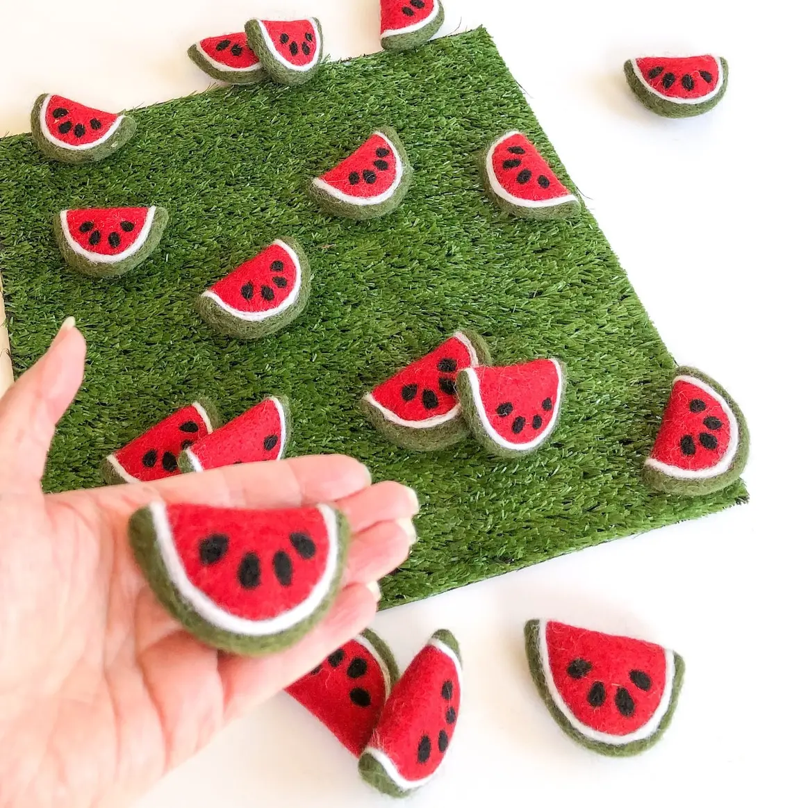 handmade 10 summer needle felted fruits wool felt shapes with watermelon lemon for DIY garland baby mobile tier tray decor