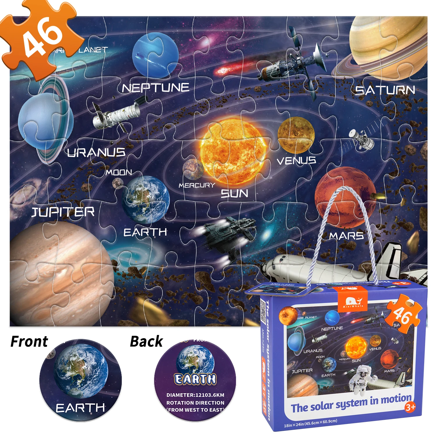 Miniwhale 46pcs solar system custom photo maker puzzles easy to see and handle private label  with jigsaw puzzle gift box