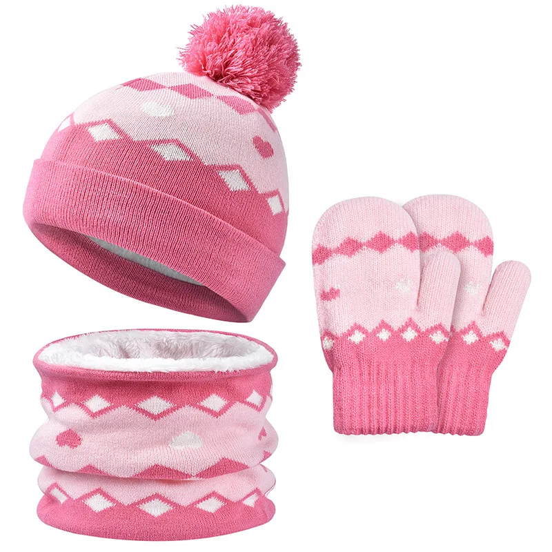 winter Knitted jacquard beanie hat scarf gloves sets kids child loop cotton neckwarmer